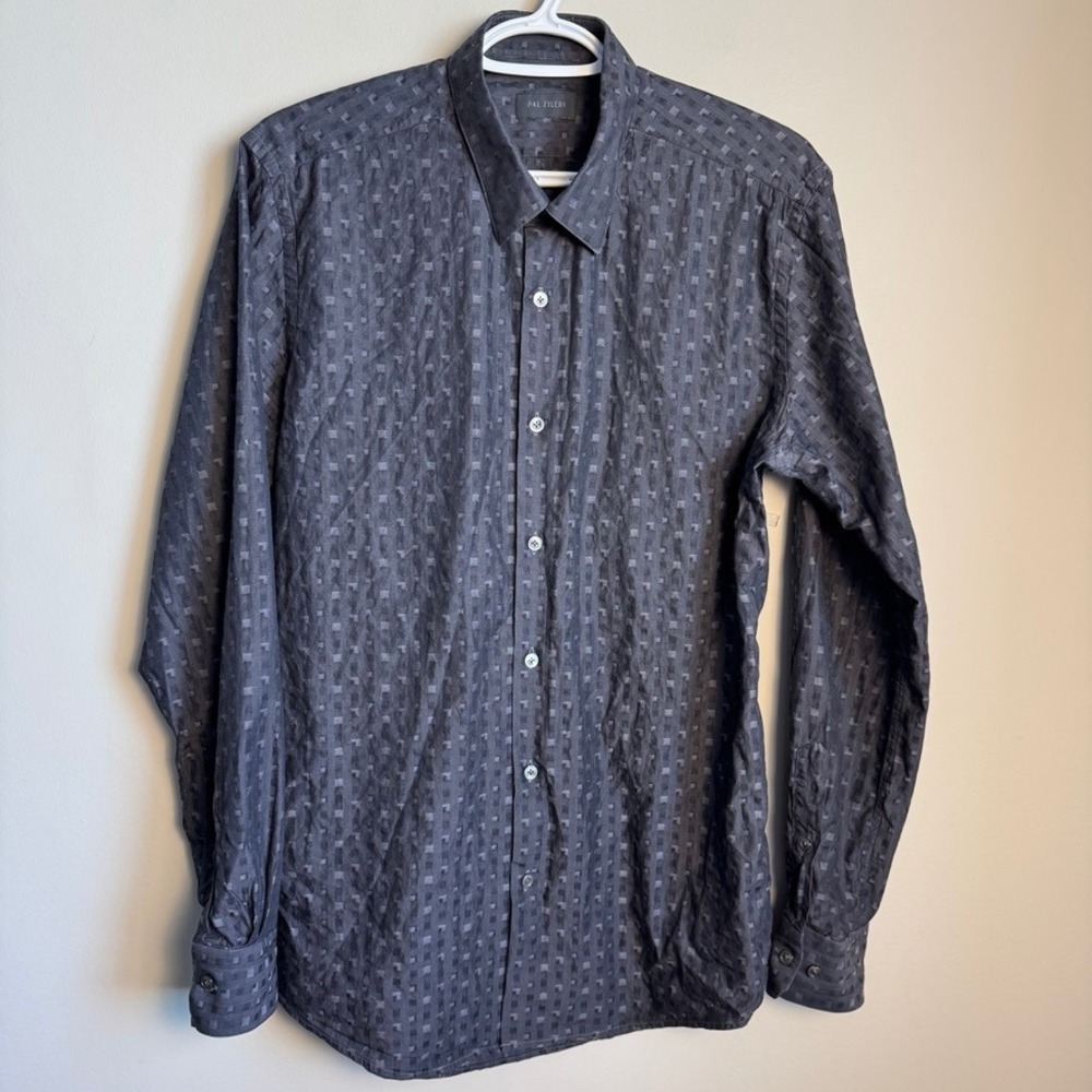 Pal Zileri Mens Geometric Button Down Dress Shirt Dark Gray Size 15.5 Preppy Y2K